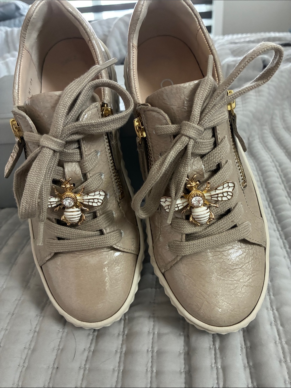 Gabor Beige Patent Leather Platform Sneakers with Gold Zippers